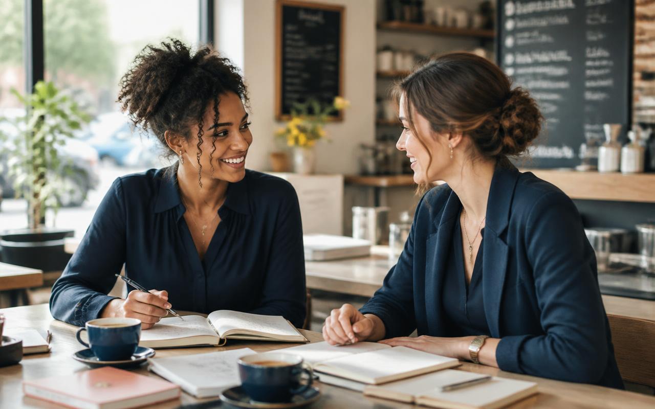 Two women sharing ideas over coffee in a sunlit café