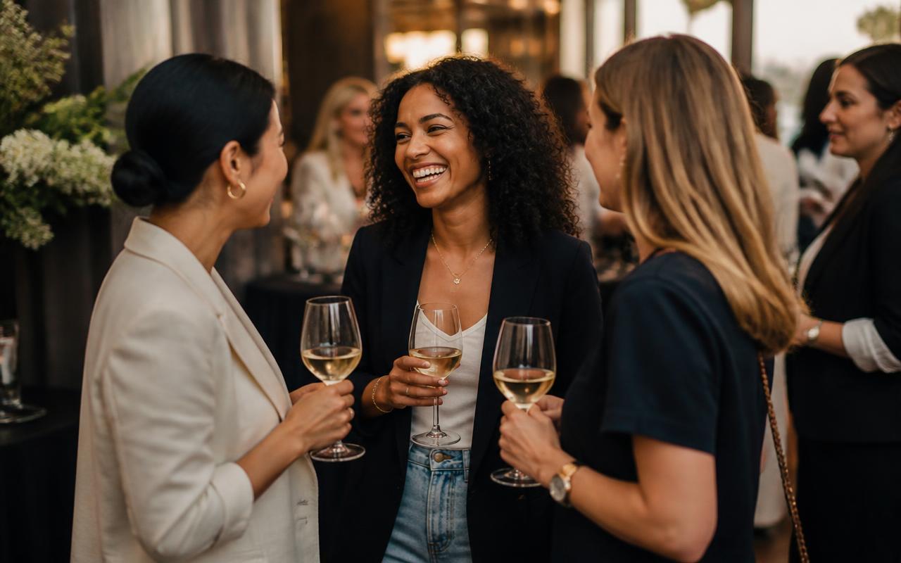 Women laughing together at an elegant networking event