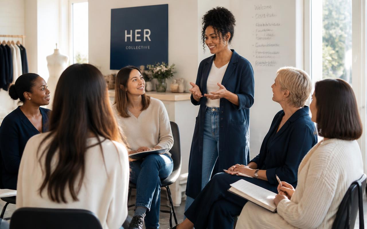Women gathered in a workshop circle, listening and learning together